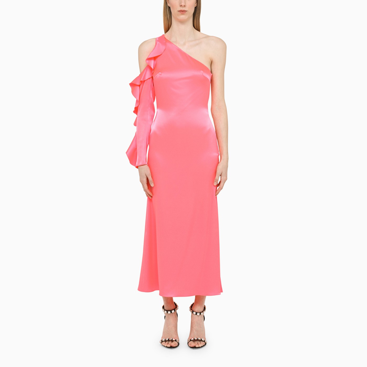 David Koma Fluo pink oneshoulder dress in satin TheDoubleF