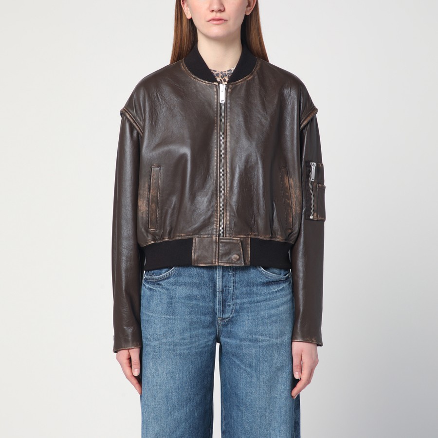 HALFBOY Brown vintage-effect leather bomber jacket | TheDoubleF