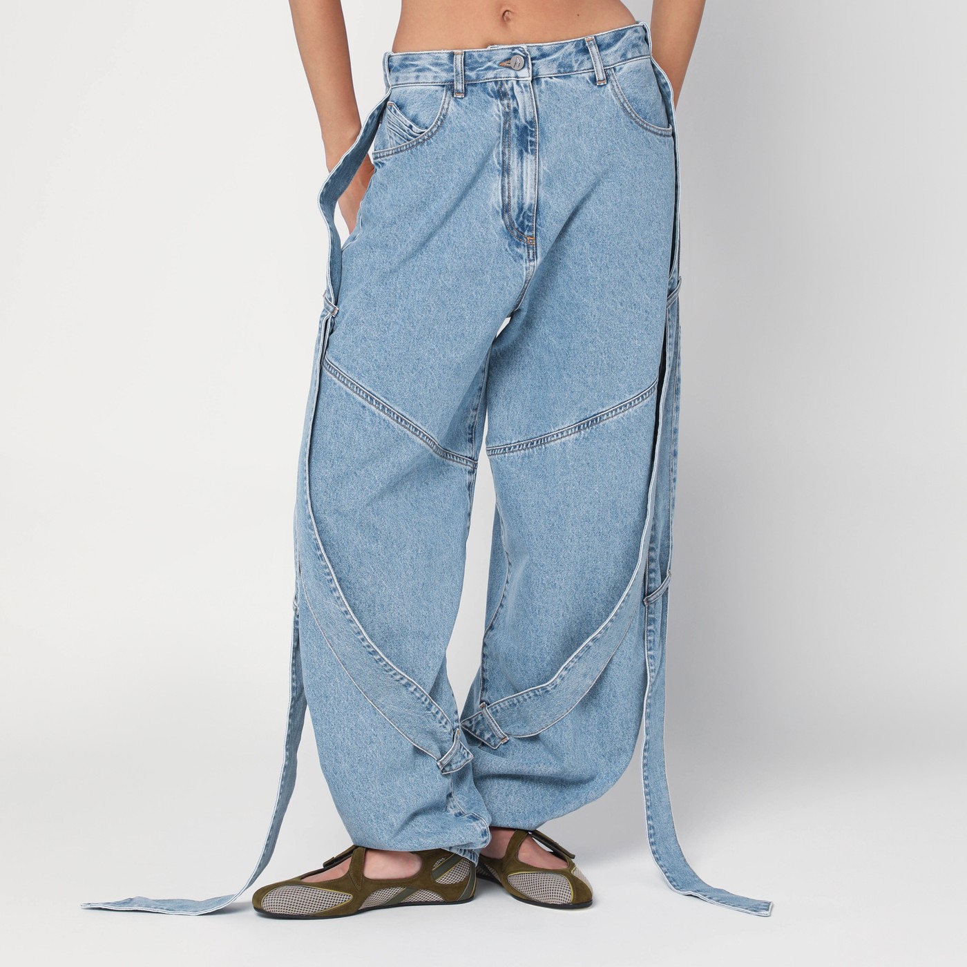 The Attico Wide light blue jeans with ribbons | TheDoubleF