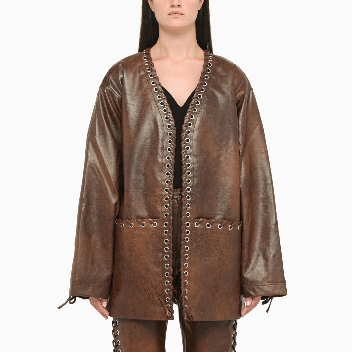 ROTATE Birger Christensen Wide brown faux leather jacket TheDoubleF