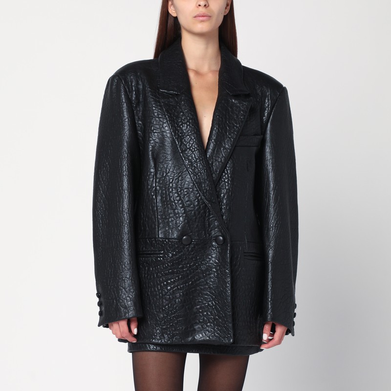 Black double-breasted leather jacket
