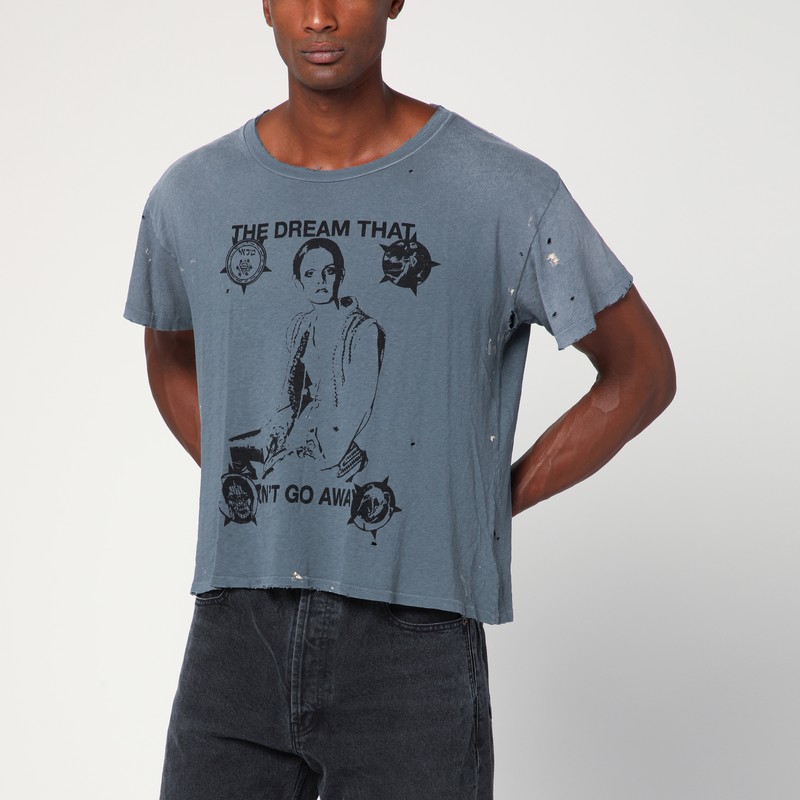 Blue vintage-effect T-shirt with print and distressing