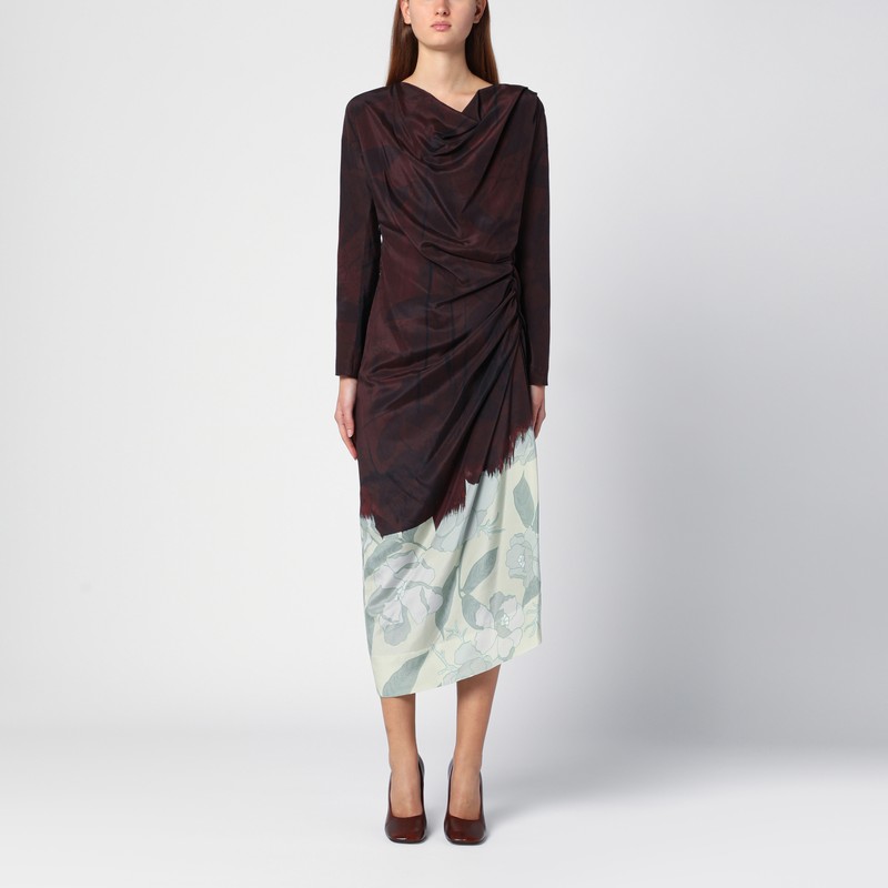 Draped dress with brown silk print