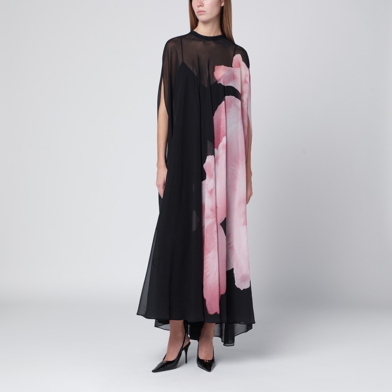 Black silk dress with orchid print