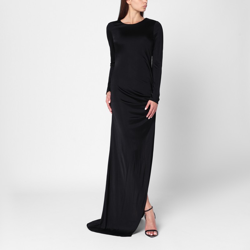Long black dress with brooch detail