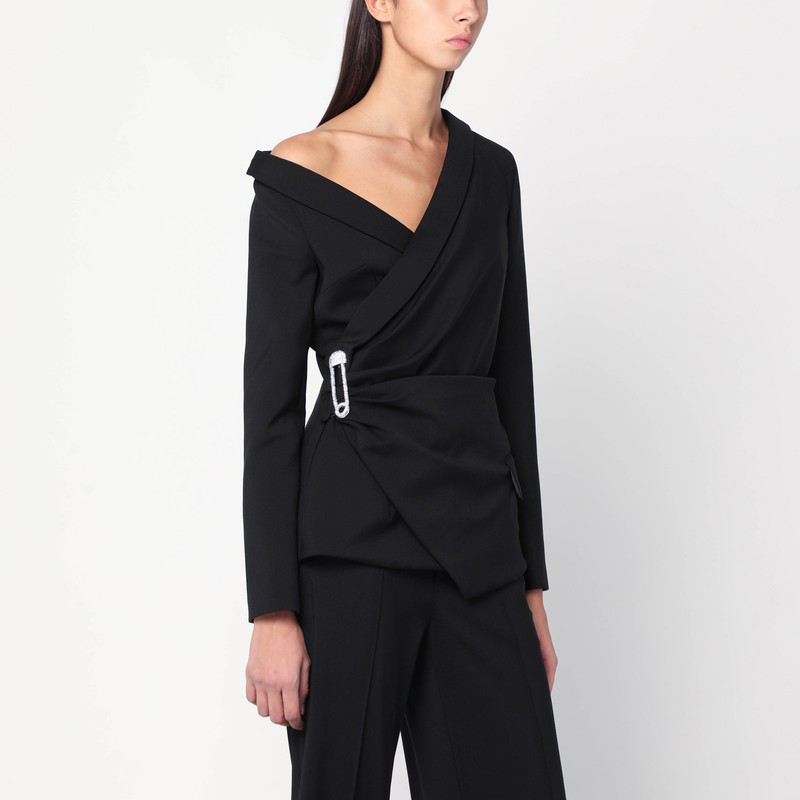 Asymmetrical black jacket with brooch detail