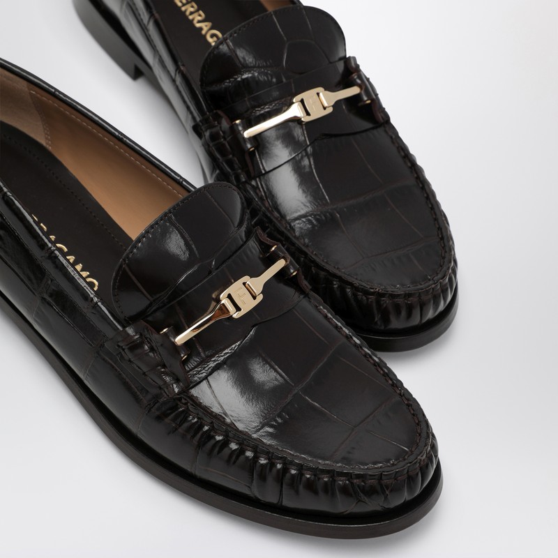 Ferragamo Dark Brown Moccasin New Vara Chain In Brown