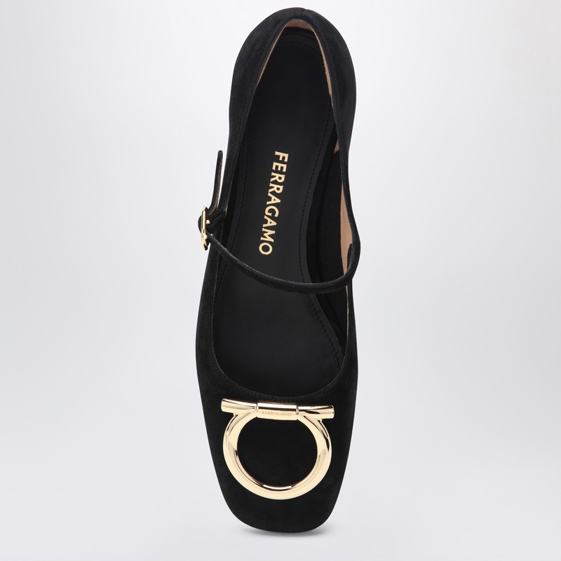 Ferragamo Suede Gancini Heeled Ballerina With Gold Hardware