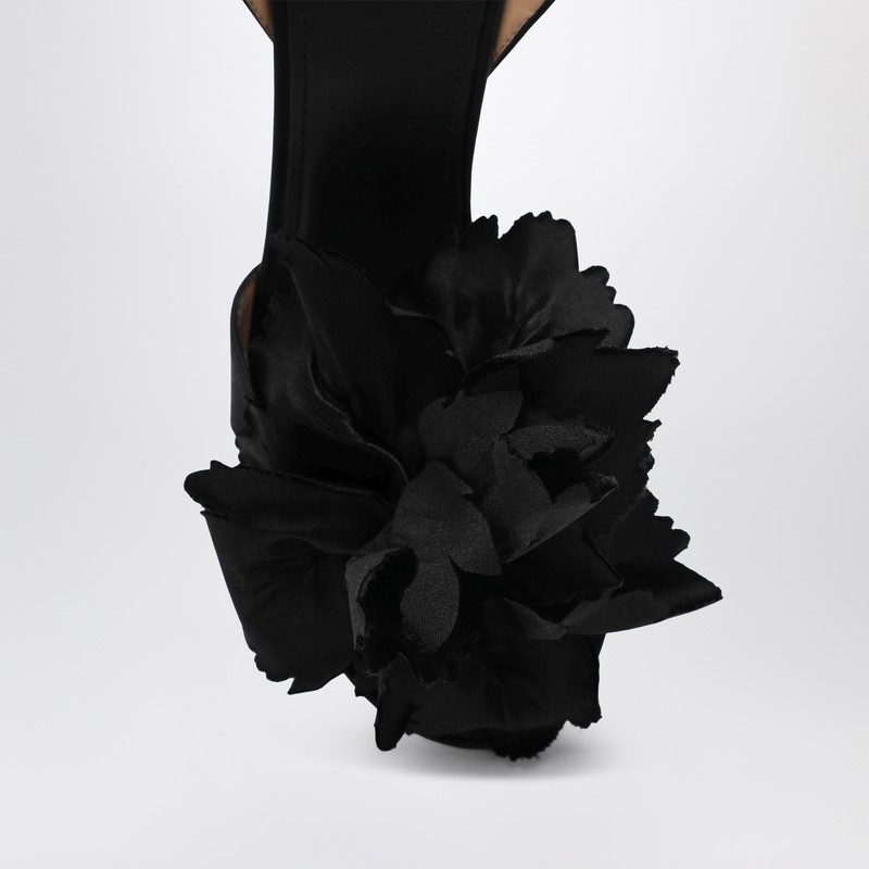 Ferragamo Black Satin Flower Sandals In Black