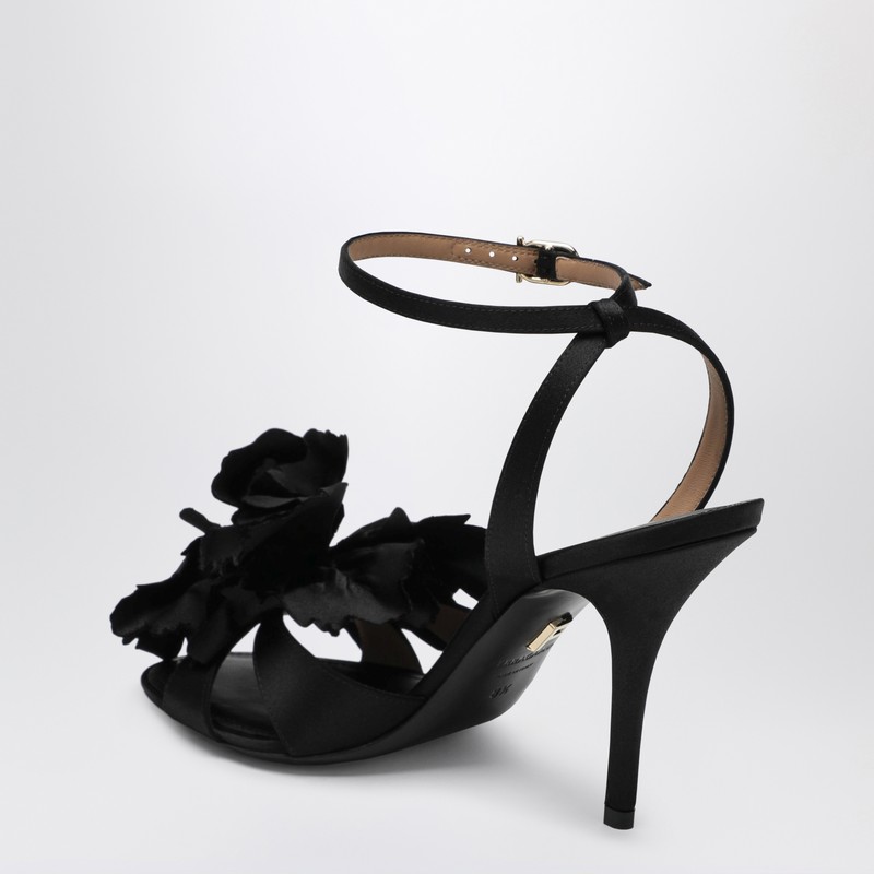 Ferragamo Black Satin Flower Sandals In Black