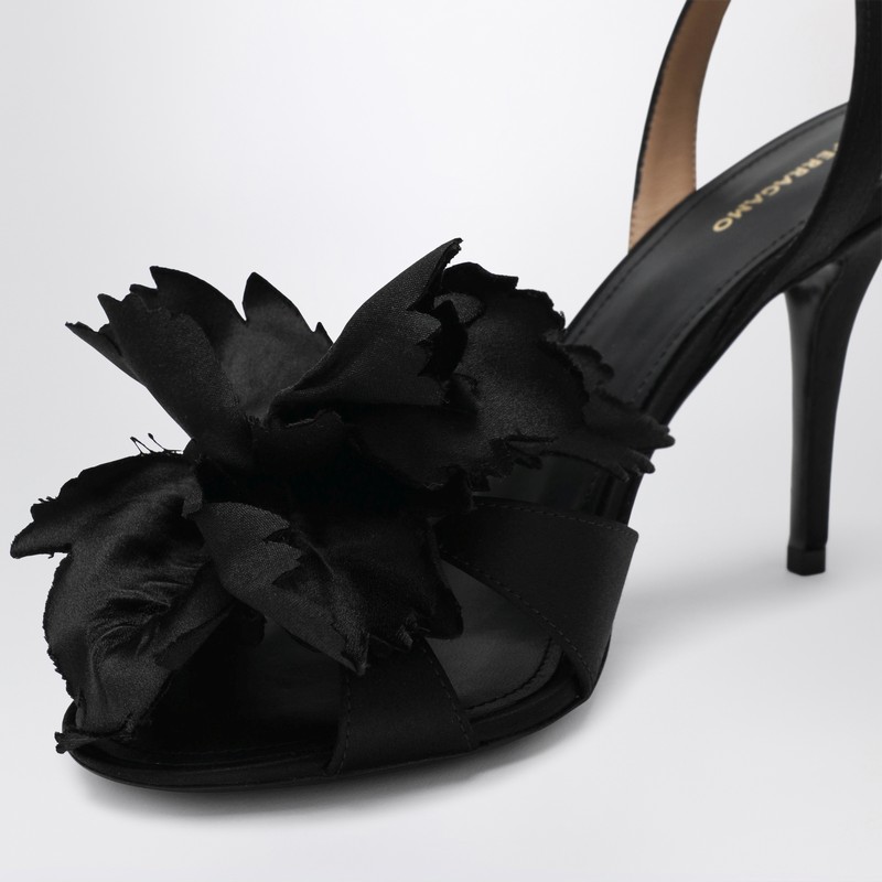 Ferragamo Black Satin Flower Sandals In Black