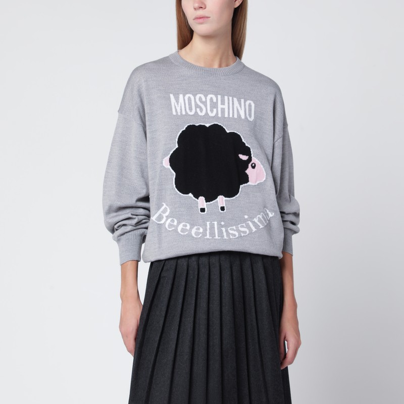 Grey wool sweater with intarsia logo