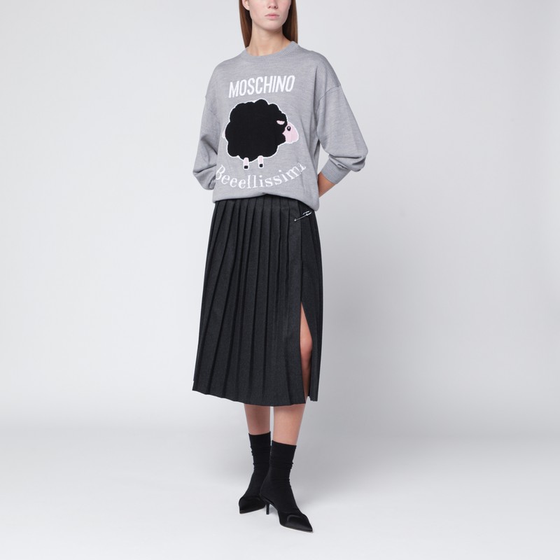 Moschino Grey Wool Sweater With Intarsia Logo In Animal Print