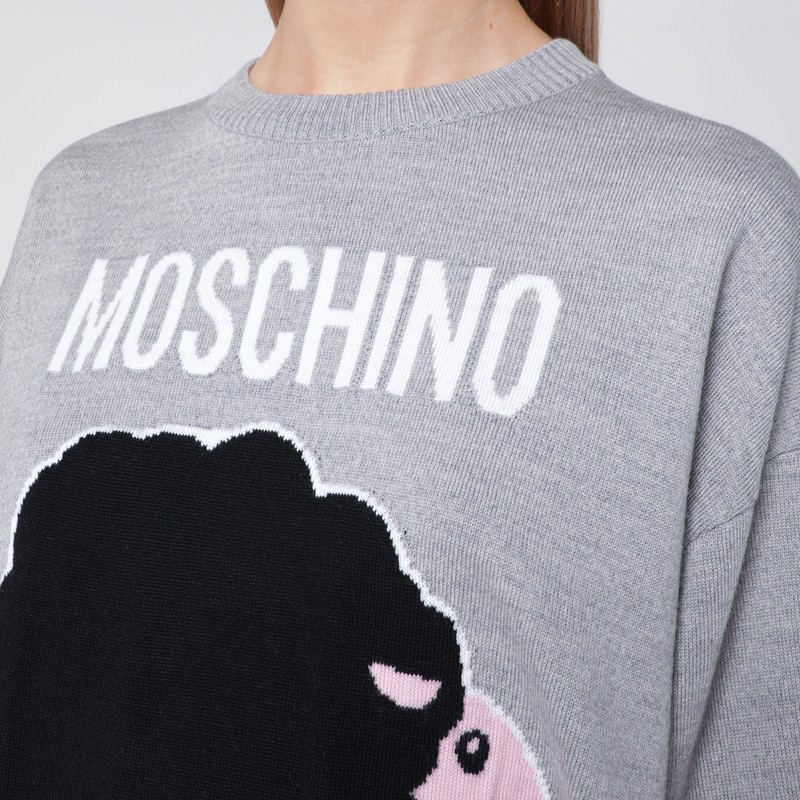 Moschino Grey Wool Sweater With Intarsia Logo In Animal Print