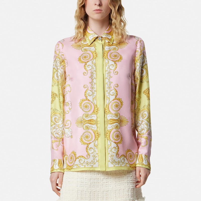 Printed silk twill shirt in yellow/pink