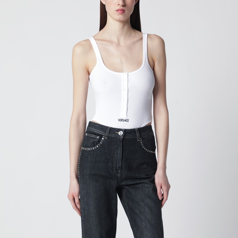 White high-cut bodysuit with embroidered logo