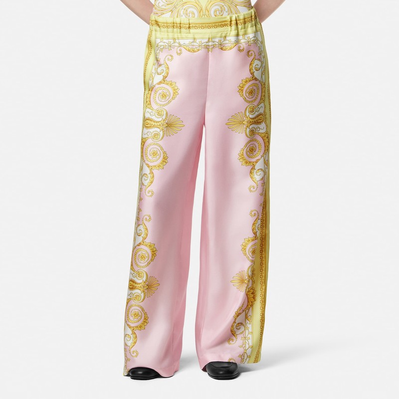 Printed silk twill trousers in yellow/pink