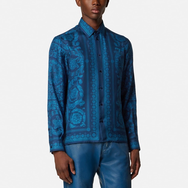 Slim-fit printed silk twill shirt in blue