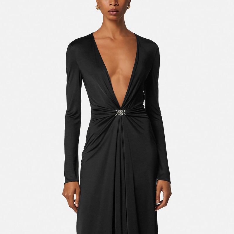 Black viscose jersey midi dress