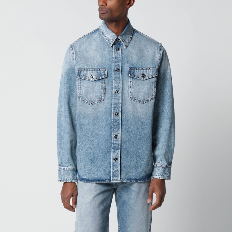 Light blue stone-washed denim shirt with studs