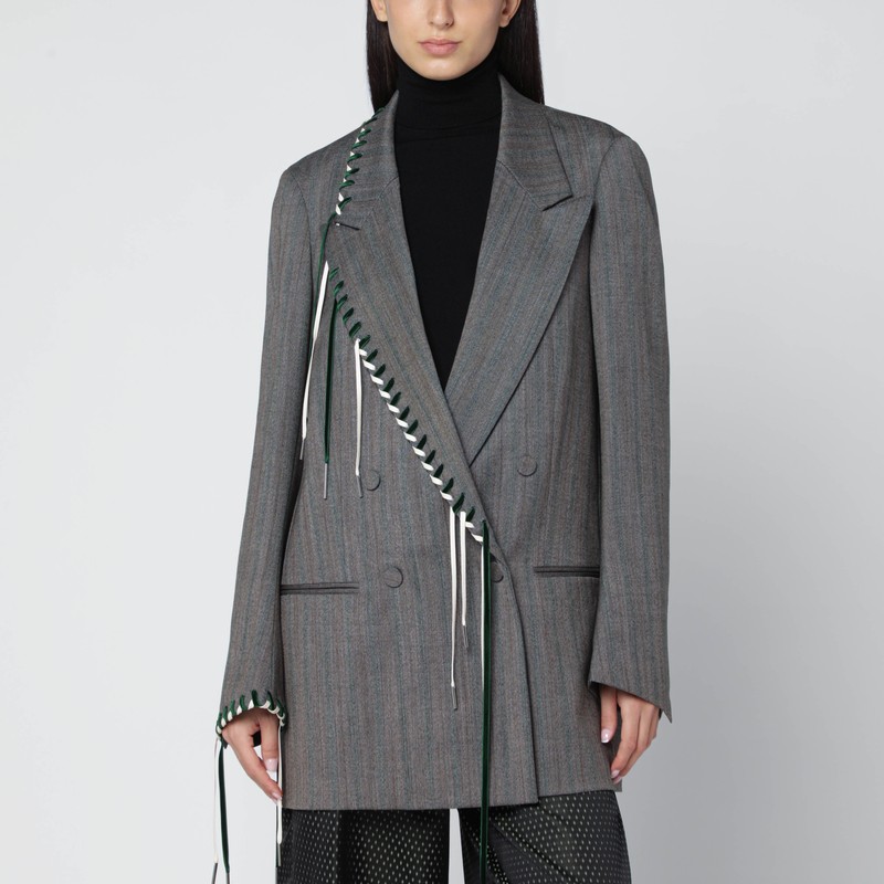 Grey double-breasted jacket with embroidered stitch decorations