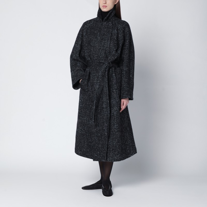 The Row Black Wool Bouclé Belted Coat In Black