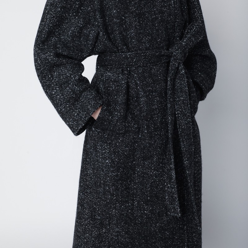 The Row Black Wool Bouclé Belted Coat In Black