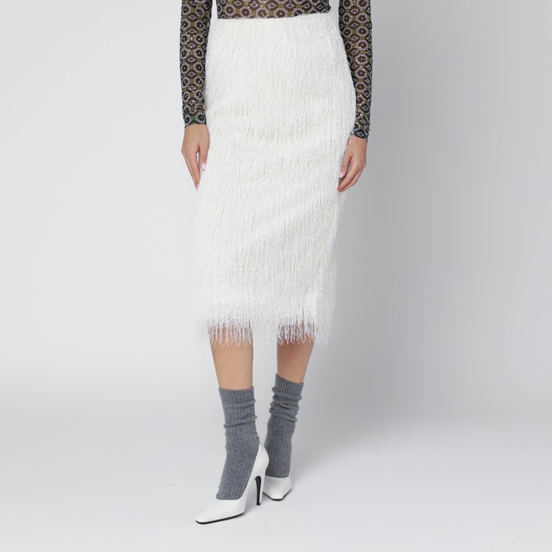 Dries Van Noten White Midi Skirt With Fringes