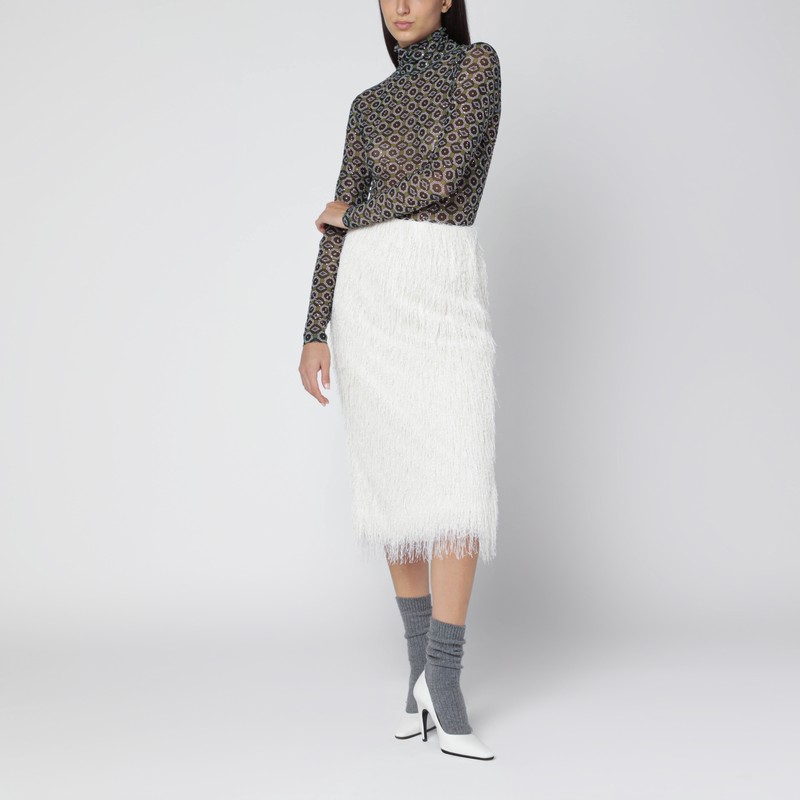 Dries Van Noten White Midi Skirt With Fringes In White