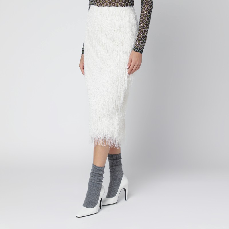 Dries Van Noten White Midi Skirt With Fringes In White