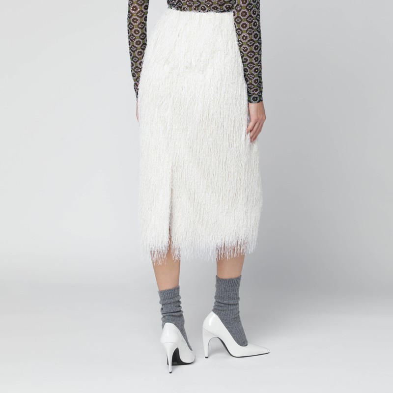 Dries Van Noten White Midi Skirt With Fringes In White