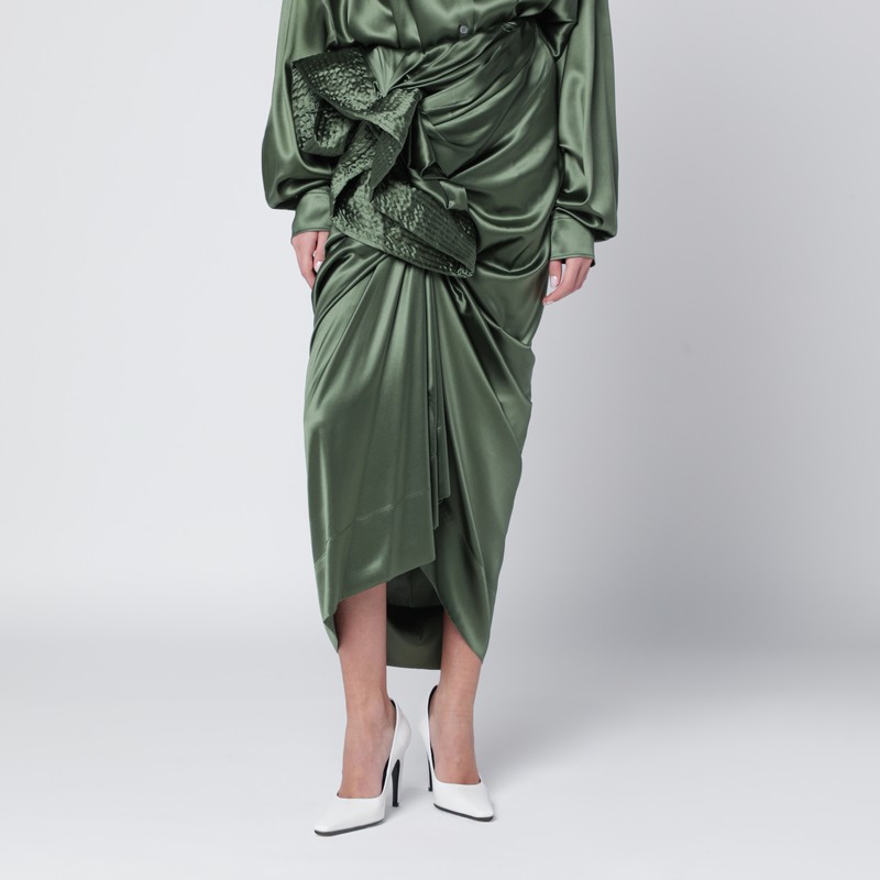 Khaki green draped silk shirt dress