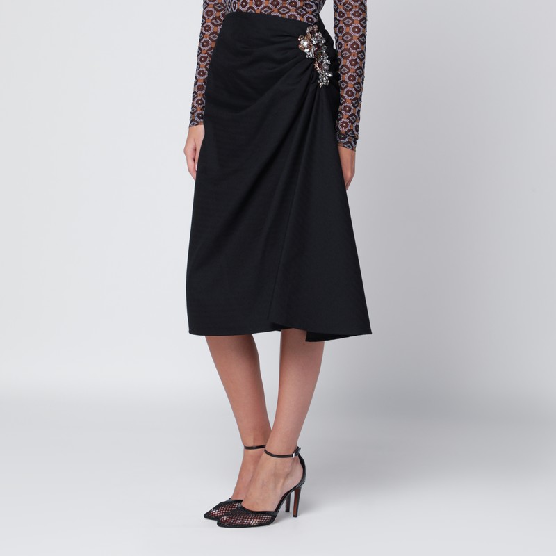 Dries Van Noten Navy Blue Draped Skirt With Brooch In Blue