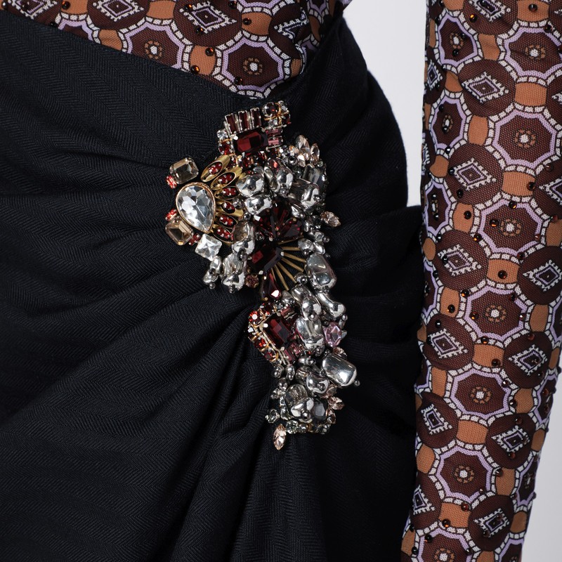 Dries Van Noten Navy Blue Draped Skirt With Brooch In Blue