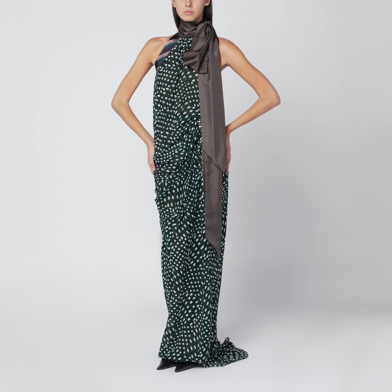 Bottle green long dress in silk blend