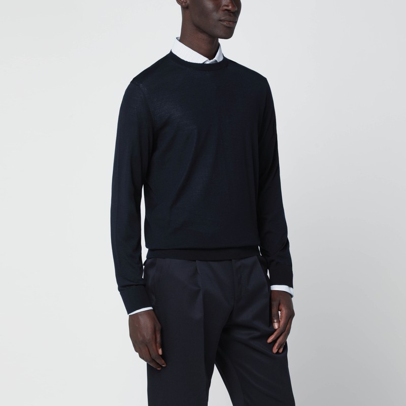 Zegna Crew Neck Wool Sweater With Ribbed Cuffs And Hem In Blue