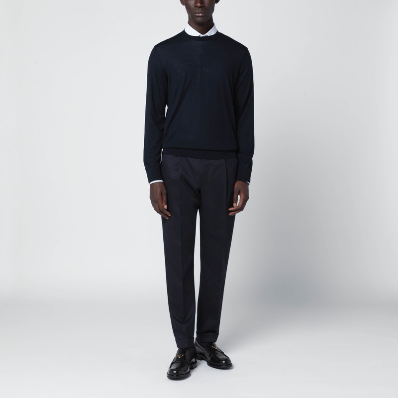 Zegna Crew Neck Wool Sweater With Ribbed Cuffs And Hem In Blue
