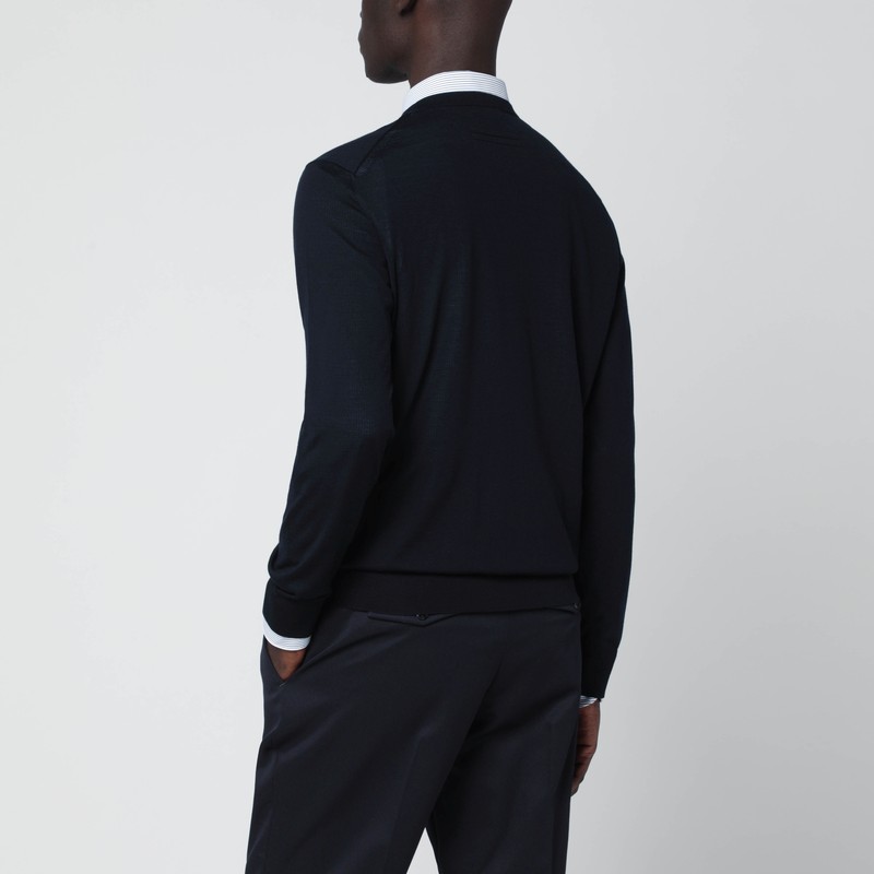 Zegna Crew Neck Wool Sweater With Ribbed Cuffs And Hem In Blue