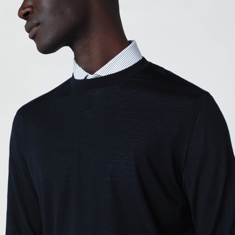 Zegna Crew Neck Wool Sweater With Ribbed Cuffs And Hem In Blue
