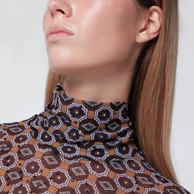 Dries Van Noten Semi-transparent Brown Print Turtleneck Jumper In Brown