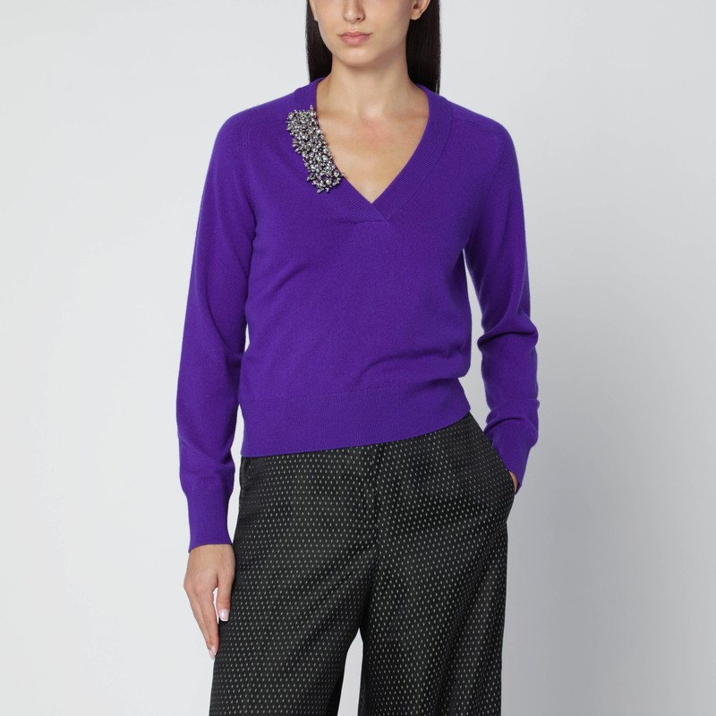 Purple cashmere sweater with brooch detail
