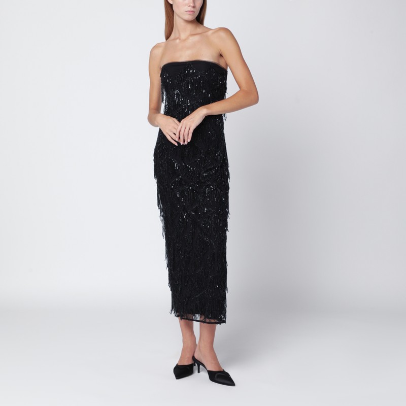 Rotate Birger Christensen Beaded Fringe Midi Dress In Black