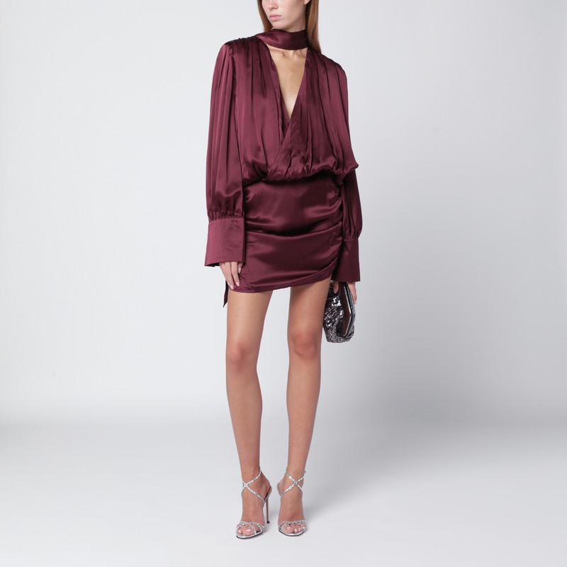 Rotate Birger Christensen Bordeaux Draped Silk Mini Dress In Burgundy