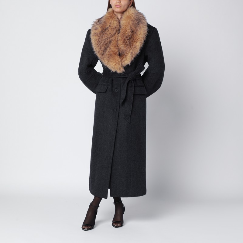 Rotate Birger Christensen Grey Coat With Faux Fur Collar In Gray