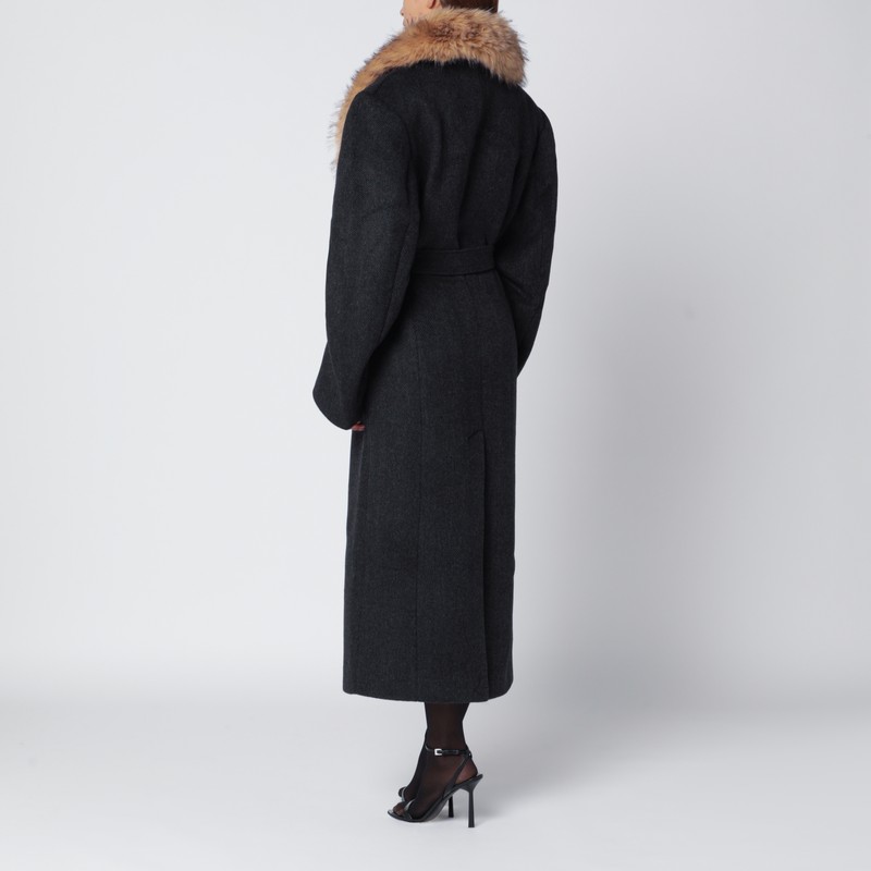 Rotate Birger Christensen Grey Coat With Faux Fur Collar In Gray