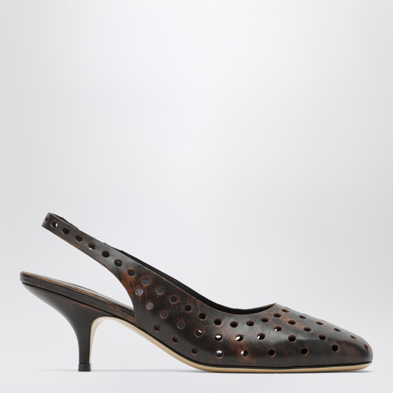 Brown aged leather perforated slingback shoes
