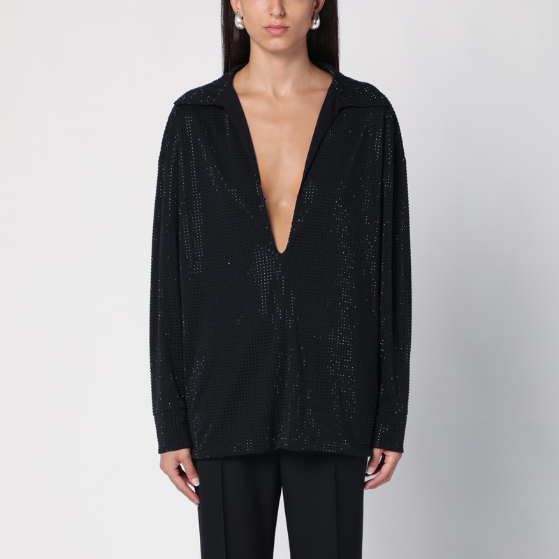 Black jersey blouse with rhinestones