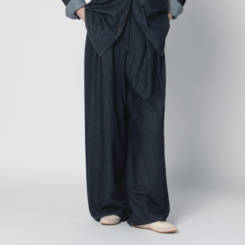 Indigo denim wide-leg trousers with pleats