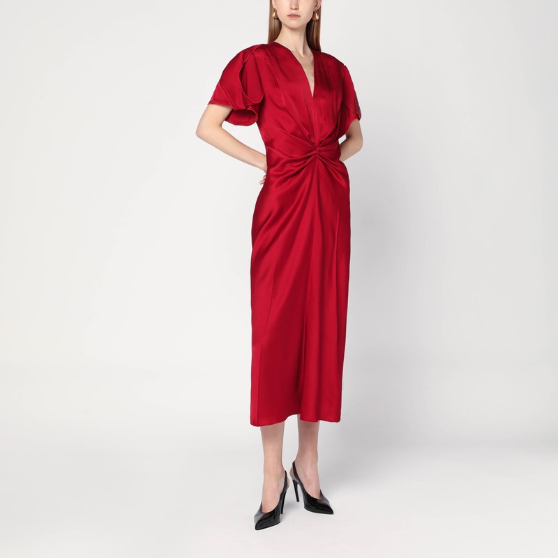 Fuchsia pink midi dress with gathered waist