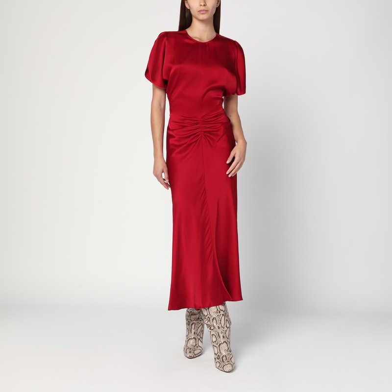 Fuchsia pink midi dress with gathered waist